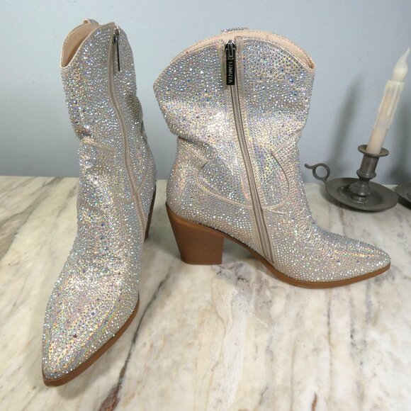 SPARKLING Western Rhinestone Cowboy Boots Block Heel Pointed Toe 10.5 - Picture 3 of 16